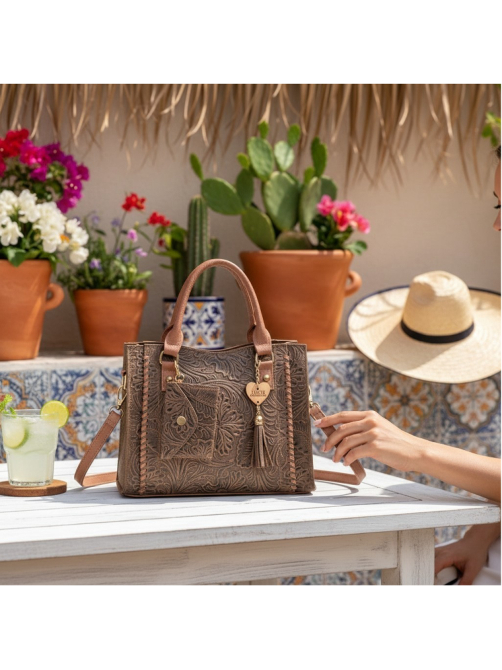 BROWN FLORAL Cross Stitch Embossed Tooled Artisan LEATHER Purse Bag
